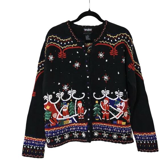 Vintage Designer Originals Studio Black Embroidered Christmas Sweater L Holiday - Picture 1 of 8